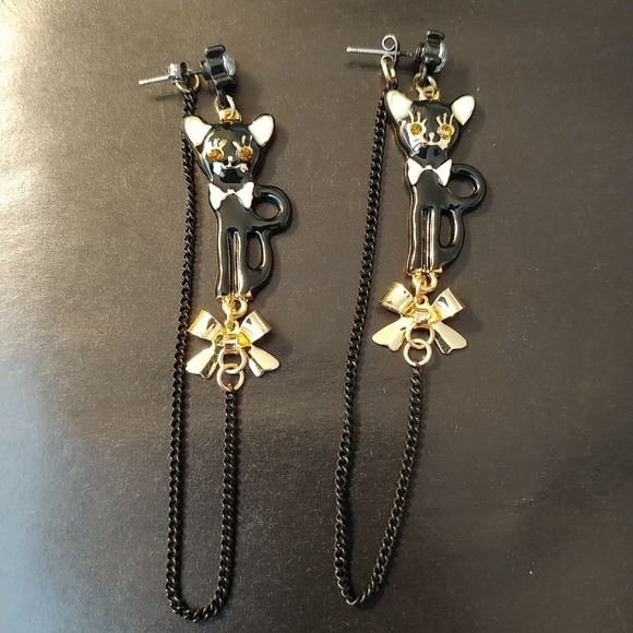 🍰Black Cat Bow Betsey Johnson Long Chain Earrings - Picture 1 of 7